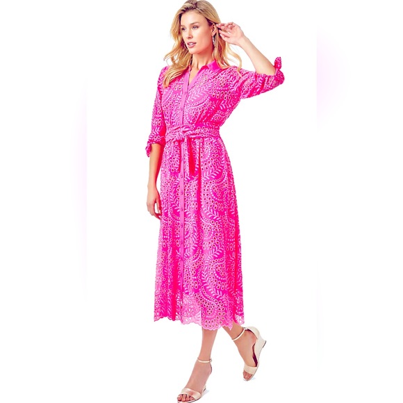 Lilly Pulitzer Amrita Midi Shirtdress in Pink Isle Swirly Fern Scalloped… - Picture 3 of 13